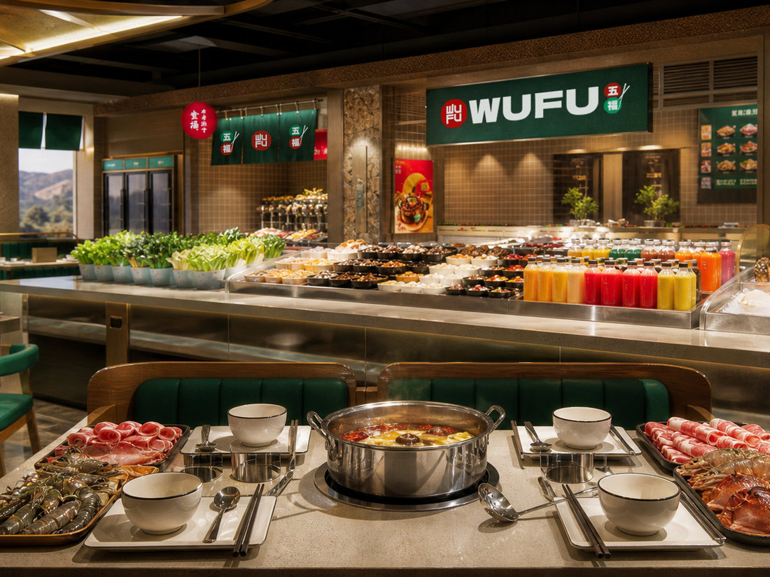 Bàn ăn WUFU với nồi lẩu đôi vị đang sôi
